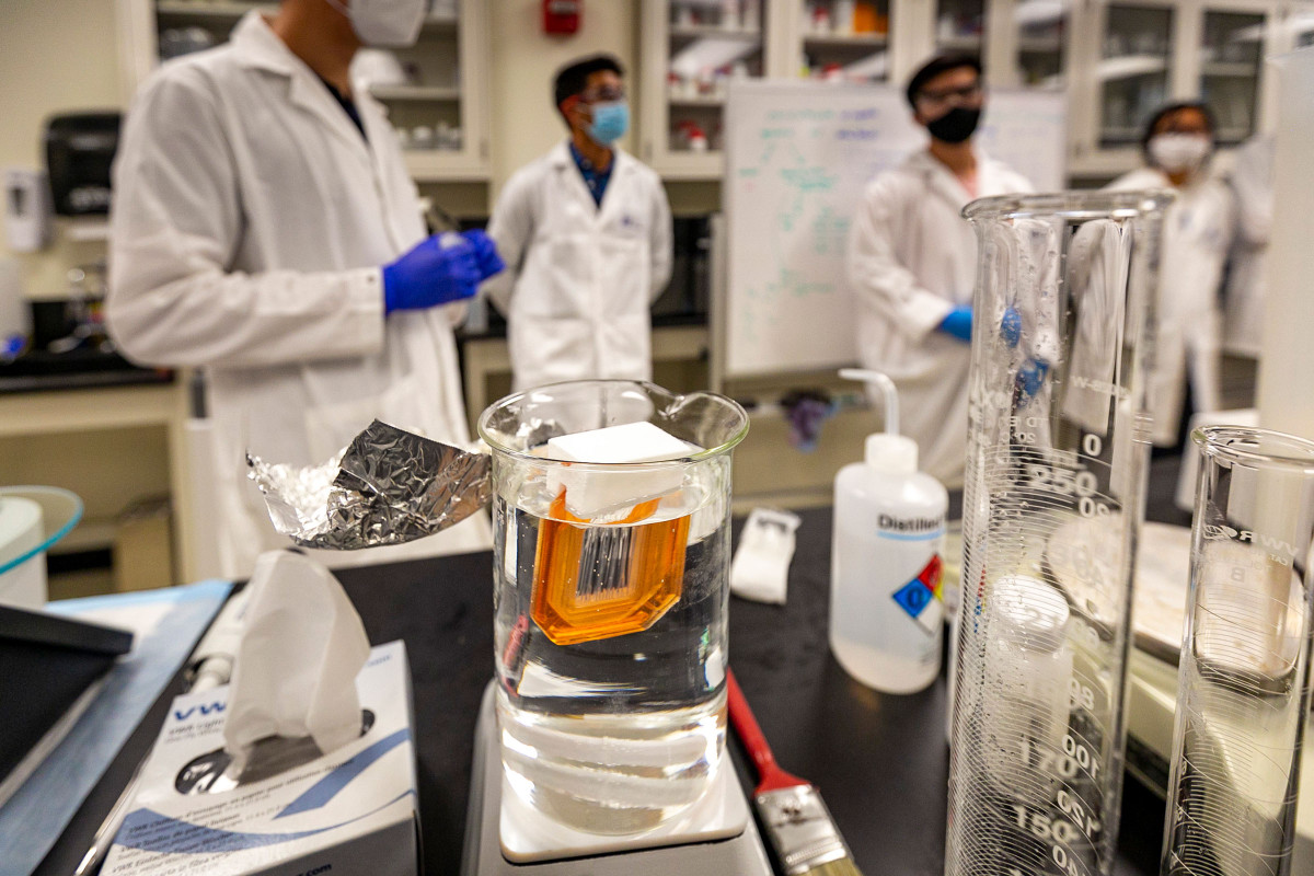Dialysis cassette floats in a buffer with students in lab coats in the background